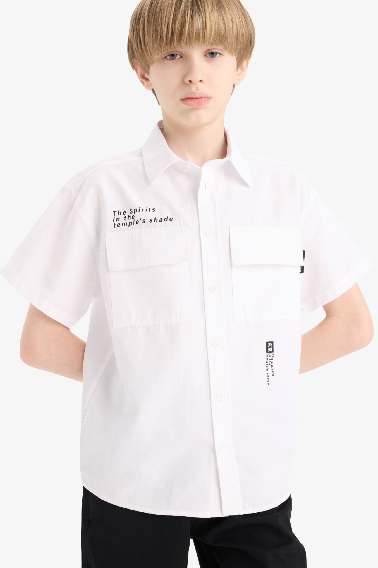 Erkek Çocuk Oversize Geniş Kalıp Polo Yaka Baskılı Poplin Kısa Kollu Gömlek 9/10 Yaş