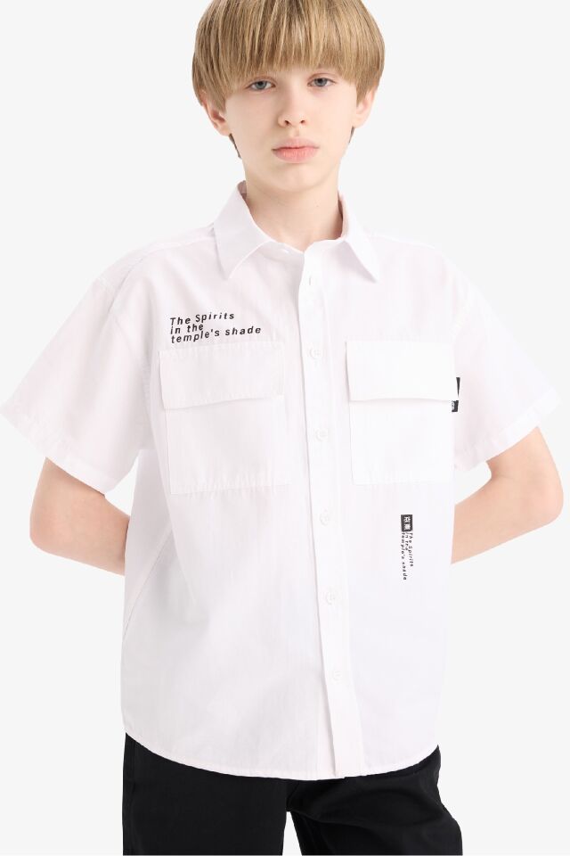 Erkek Çocuk Oversize Geniş Kalıp Polo Yaka Baskılı Poplin Kısa Kollu Gömlek 9/10 Yaş