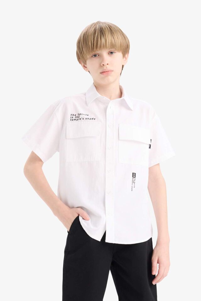 Erkek Çocuk Oversize Geniş Kalıp Polo Yaka Baskılı Poplin Kısa Kollu Gömlek 9/10 Yaş