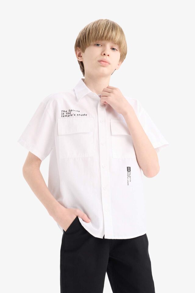 Erkek Çocuk Oversize Geniş Kalıp Polo Yaka Baskılı Poplin Kısa Kollu Gömlek 9/10 Yaş
