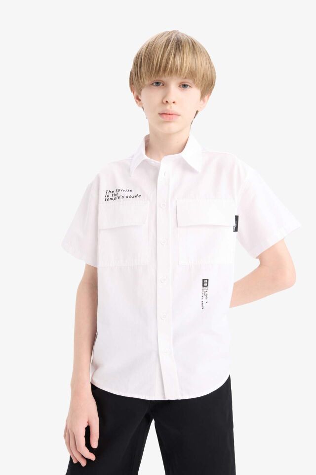 Erkek Çocuk Oversize Geniş Kalıp Polo Yaka Baskılı Poplin Kısa Kollu Gömlek 9/10 Yaş