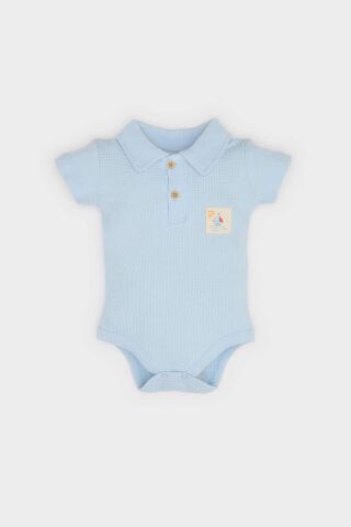 Erkek Bebek Yenidoğan Polo Yaka Baskılı Waffle Kısa Kollu Çıtçıtlı Body