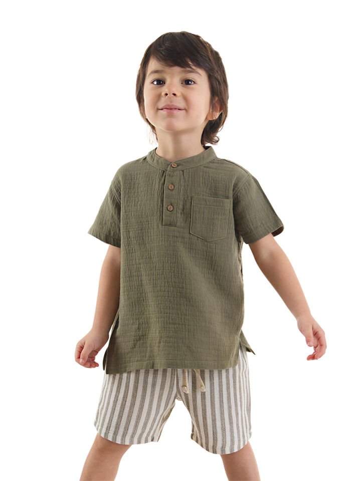 Erkek Bebek Çocuk Yeşil Müslin Şort Gömlek Takım 18-24 M - Haki