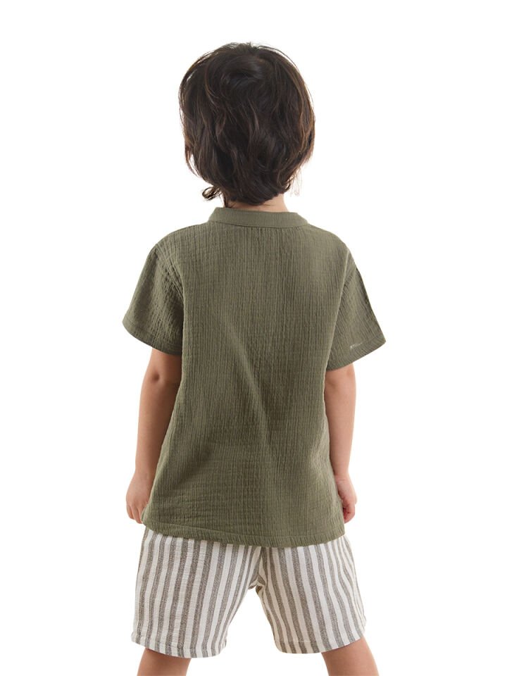 Erkek Bebek Çocuk Yeşil Müslin Şort Gömlek Takım 18-24 M - Haki