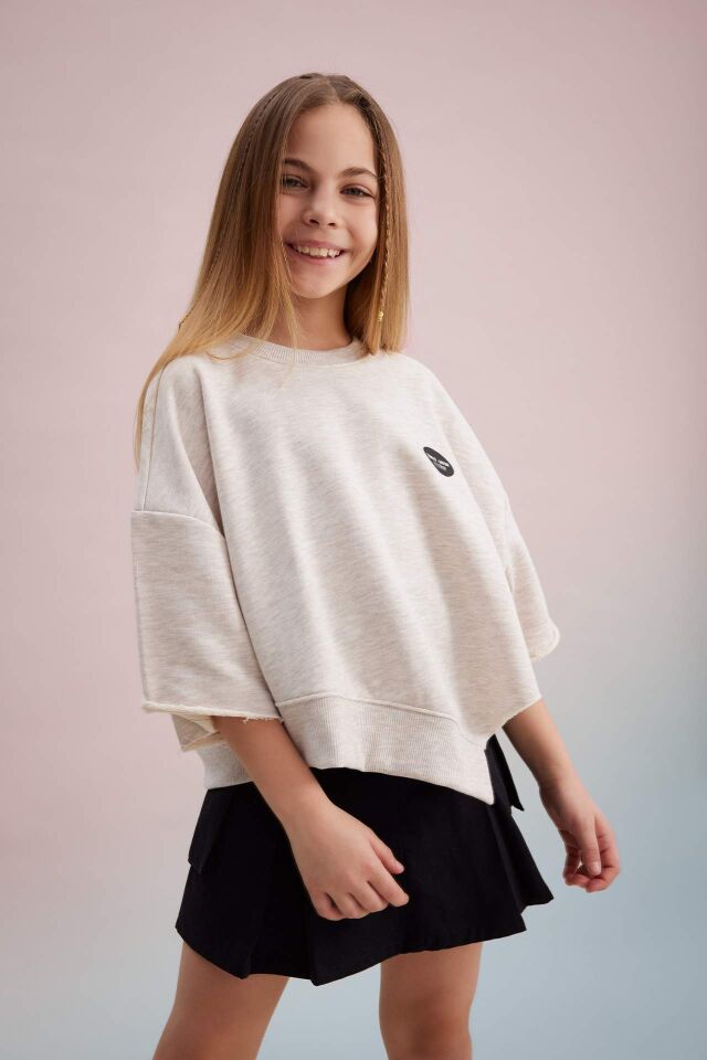 Kız Çocuk Crop Bisiklet Yaka Baskılı Sweatshirt