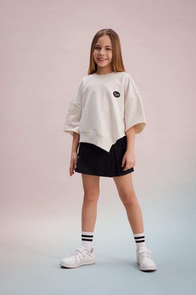 Kız Çocuk Crop Bisiklet Yaka Baskılı Sweatshirt