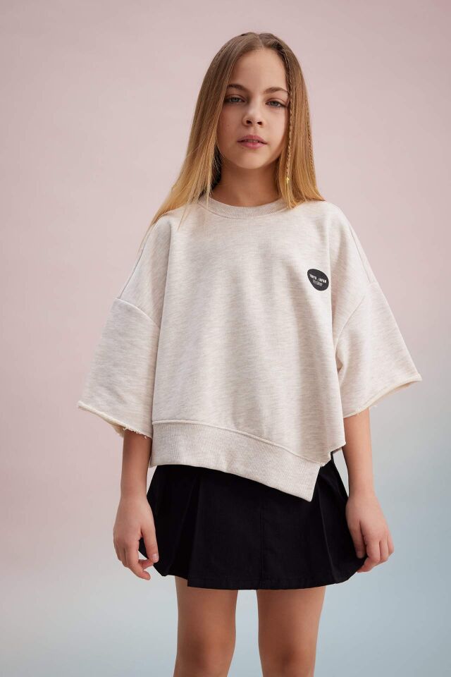 Kız Çocuk Crop Bisiklet Yaka Baskılı Sweatshirt