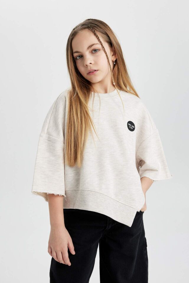 Kız Çocuk Crop Bisiklet Yaka Baskılı Sweatshirt