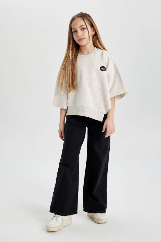 Kız Çocuk Crop Bisiklet Yaka Baskılı Sweatshirt