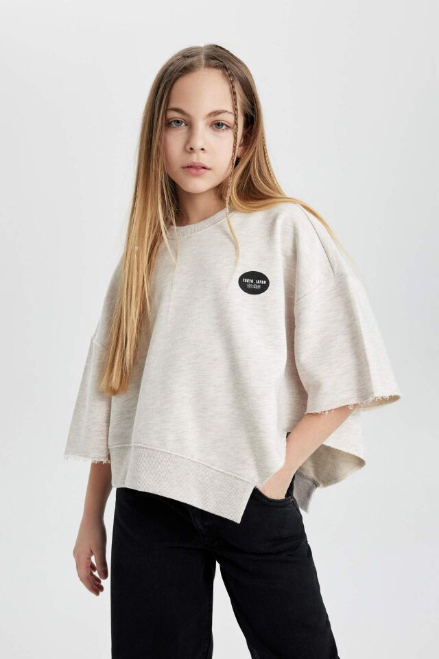 Kız Çocuk Crop Bisiklet Yaka Baskılı Sweatshirt