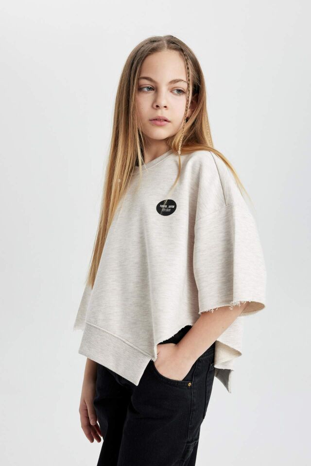 Kız Çocuk Crop Bisiklet Yaka Baskılı Sweatshirt