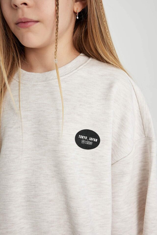 Kız Çocuk Crop Bisiklet Yaka Baskılı Sweatshirt