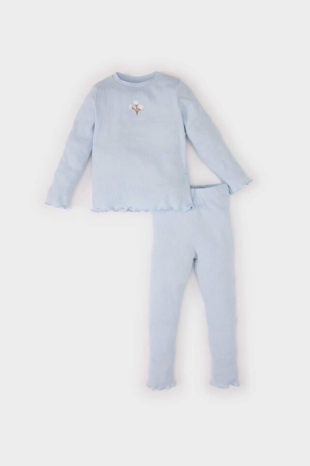 Kız Bebek 2'li Takım Çiçekli Fitilli Kaşkorse Uzun Kollu Tişört Üst Beli Lastikli Alt