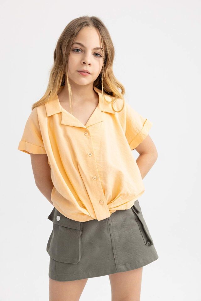 Kız Çocuk Cropped Fit Kısa Kollu Gömlek