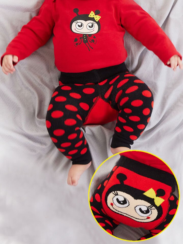 Uğur Böceği Kız Bebek Tayt-Pantolon 6-12M - Kırmızı, Siyah