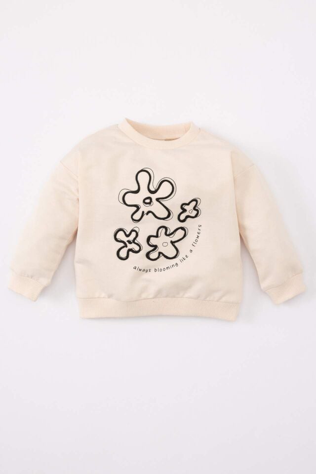 Kız Bebek Bisiklet Yaka Çiçek Baskılı Sweatshirt