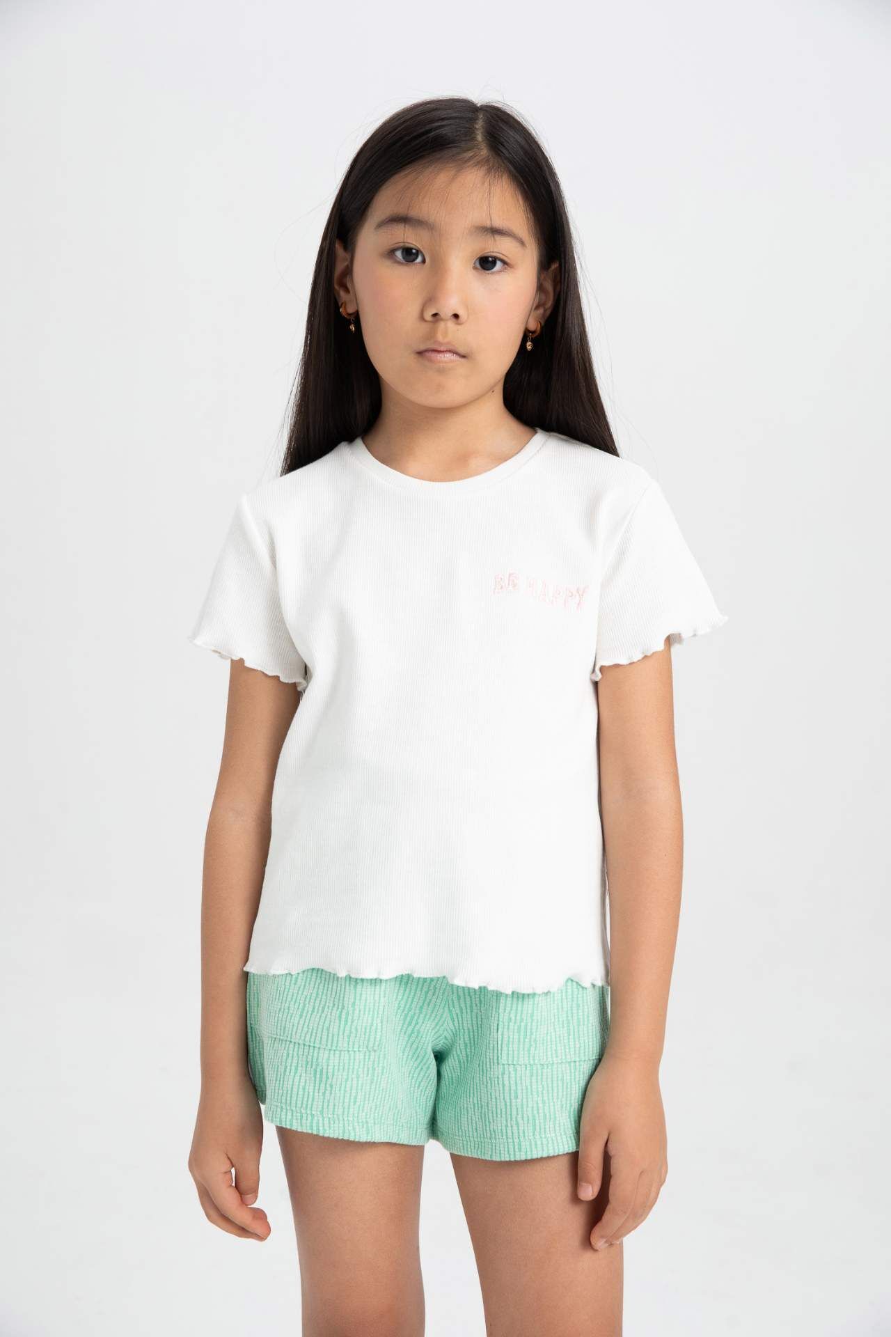 Kız Çocuk Slim Fit Dar Kesim Bisiklet Yaka Fitilli Kaşkorse Kısa Kollu Tişört
