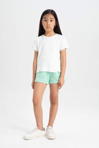 Kız Çocuk Slim Fit Dar Kesim Bisiklet Yaka Fitilli Kaşkorse Kısa Kollu Tişört