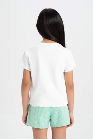 Kız Çocuk Slim Fit Dar Kesim Bisiklet Yaka Fitilli Kaşkorse Kısa Kollu Tişört
