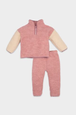 Kız Bebek 2'li Takım Pelüş Fermuarlı Dik Yaka Sweatshirt Üst  Beli Lastikli Alt