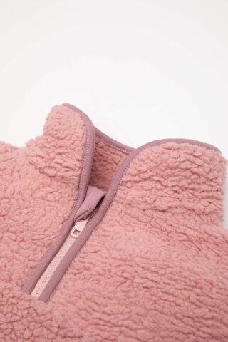Kız Bebek 2'li Takım Pelüş Fermuarlı Dik Yaka Sweatshirt Üst  Beli Lastikli Alt