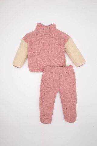 Kız Bebek 2'li Takım Pelüş Fermuarlı Dik Yaka Sweatshirt Üst  Beli Lastikli Alt
