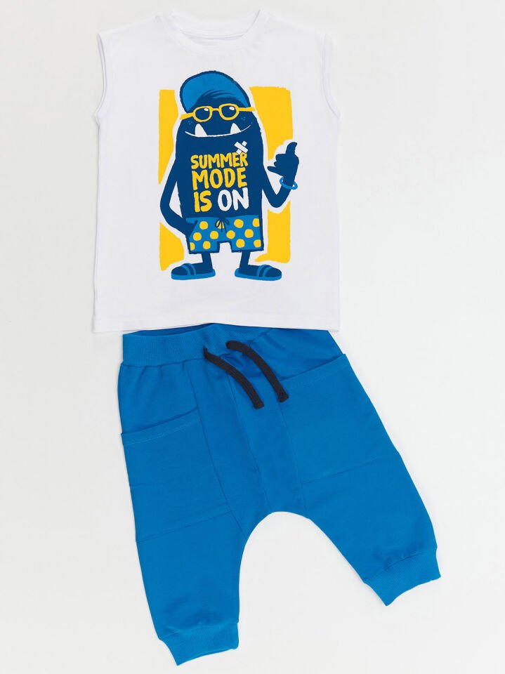 Yaz Modu Erkek Çocuk T-shirt Kapri Şort Takım 4 Y - Beyaz, Mavi