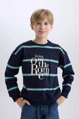 Erkek Çocuk Oversize Geniş Kalıp Bisiklet Yaka Baskılı Sweatshirt