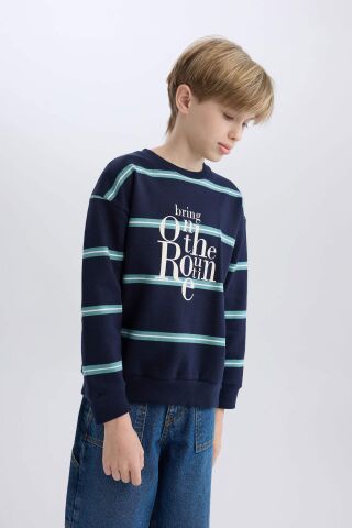 Erkek Çocuk Oversize Geniş Kalıp Bisiklet Yaka Baskılı Sweatshirt