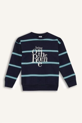 Erkek Çocuk Oversize Geniş Kalıp Bisiklet Yaka Baskılı Sweatshirt