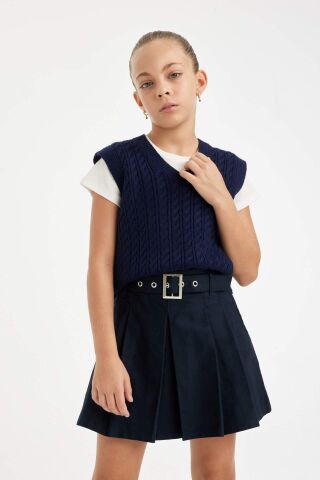 Kız Çocuk Standart Fit V Yaka Örgü Desenli Basic Düz Triko Süveter