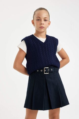 Kız Çocuk Standart Fit V Yaka Örgü Desenli Basic Düz Triko Süveter