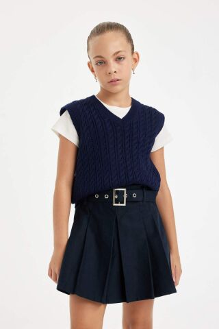 Kız Çocuk Standart Fit V Yaka Örgü Desenli Basic Düz Triko Süveter