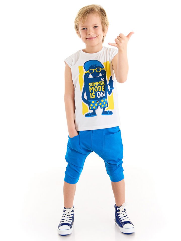 Yaz Modu Erkek Çocuk T-shirt Kapri Şort Takım 5 Y - Beyaz, Mavi