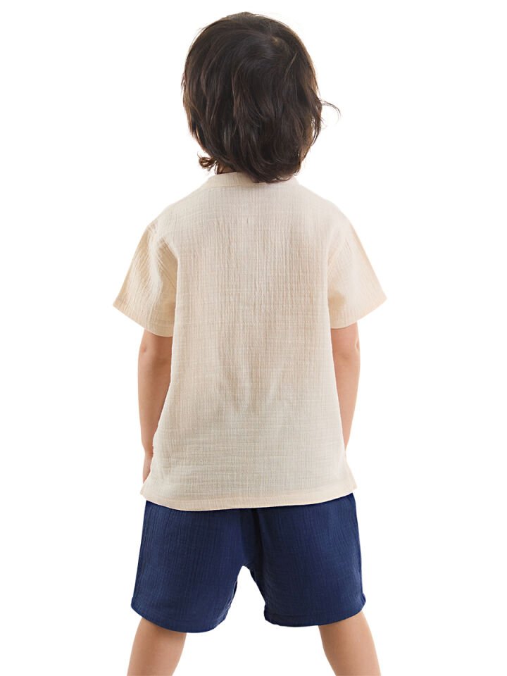 Erkek Bebek Çocuk Müslin Şort Gömlek Takım 12-18 M - Krem, Lacivert