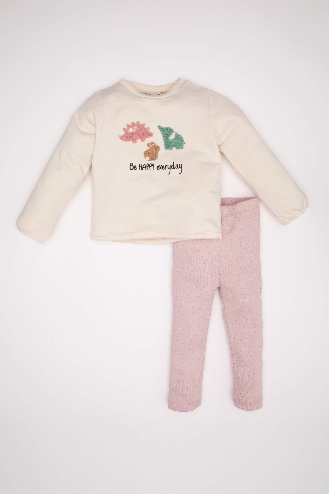 Kız Bebek 2'li Takım Bisiklet Yaka Baskılı Uzun Kollu Tişört Beli Lastikli Uzun Tayt