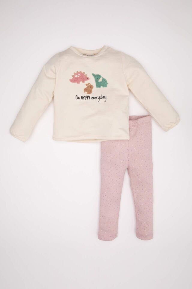 Kız Bebek 2'li Takım Bisiklet Yaka Baskılı Uzun Kollu Tişört Beli Lastikli Uzun Tayt