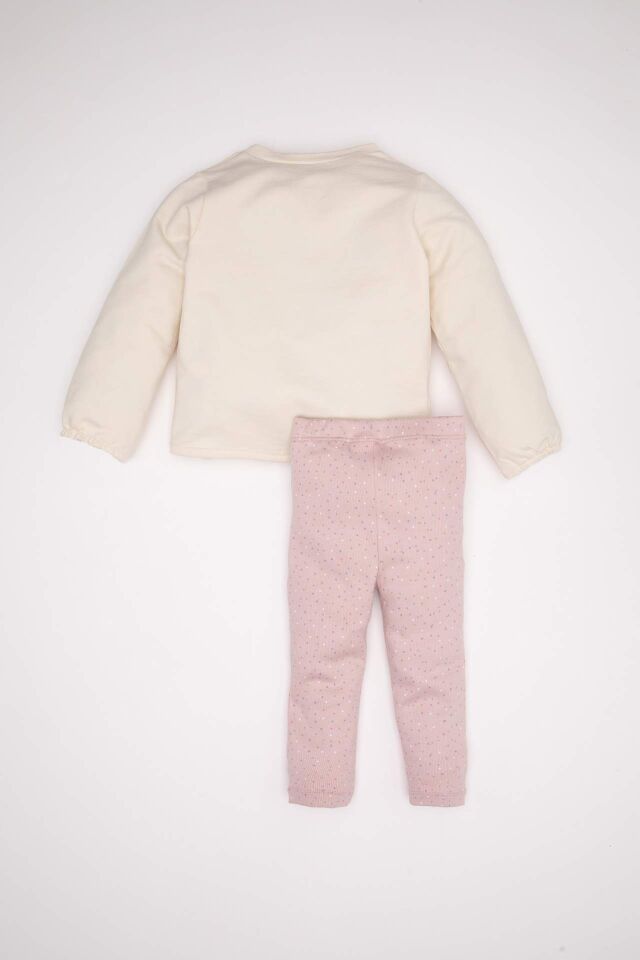 Kız Bebek 2'li Takım Bisiklet Yaka Baskılı Uzun Kollu Tişört Beli Lastikli Uzun Tayt