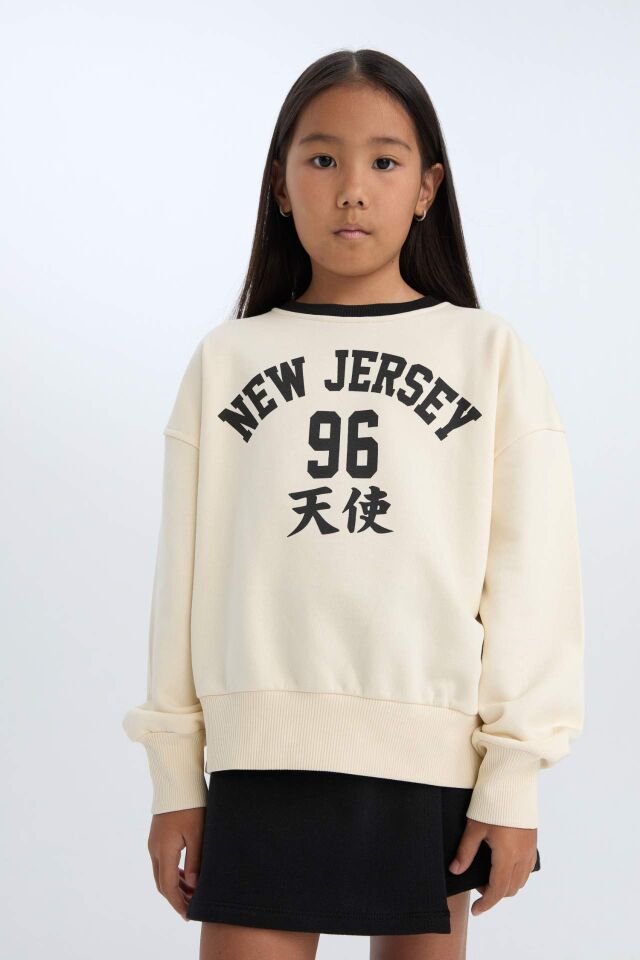 Kız Çocuk 2'li Takım Baskılı Sweatshirt Şort Etek