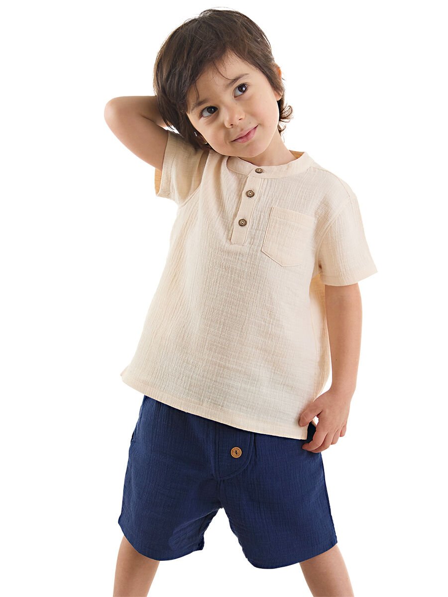 Erkek Bebek Çocuk Müslin Şort Gömlek Takım 18-24 M - Krem, Lacivert
