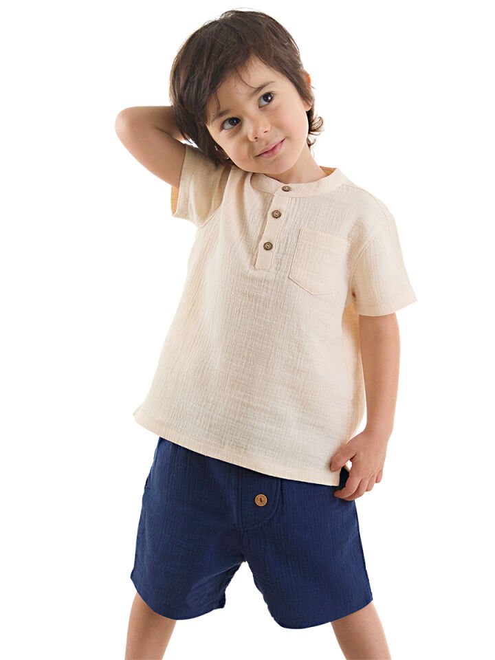 Erkek Bebek Çocuk Müslin Şort Gömlek Takım 18-24 M - Krem, Lacivert
