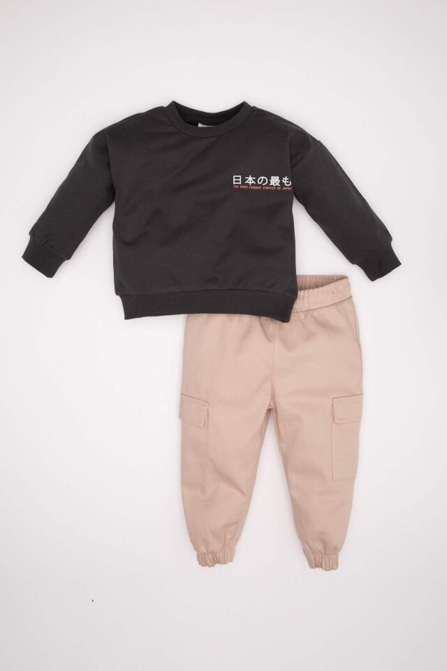 Erkek Bebek 2'li Takım Baskılı Bisiklet Yaka Sweatshirt  Üst Beli Lastikli Pantolon Alt