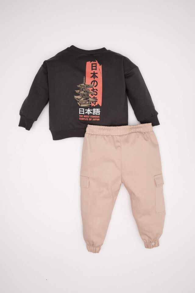 Erkek Bebek 2'li Takım Baskılı Bisiklet Yaka Sweatshirt  Üst Beli Lastikli Pantolon Alt