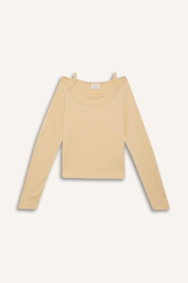 Kız Çocuk Slim Fit Dar Kesim Kaçık Yaka Tatlı Baskılı Fitilli Kaşkorse Uzun Kollu Tişört