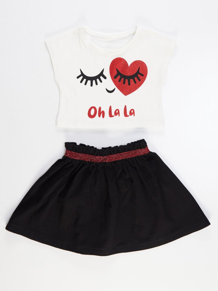 Oh La La Simli Kız Çocuk T-shirt Etek Takım 3 Y - Siyah, beyaz