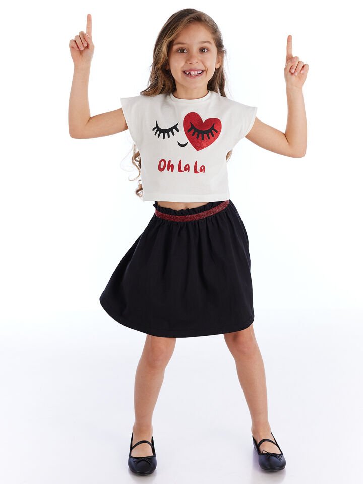 Oh La La Simli Kız Çocuk T-shirt Etek Takım 5 Y - Siyah, beyaz