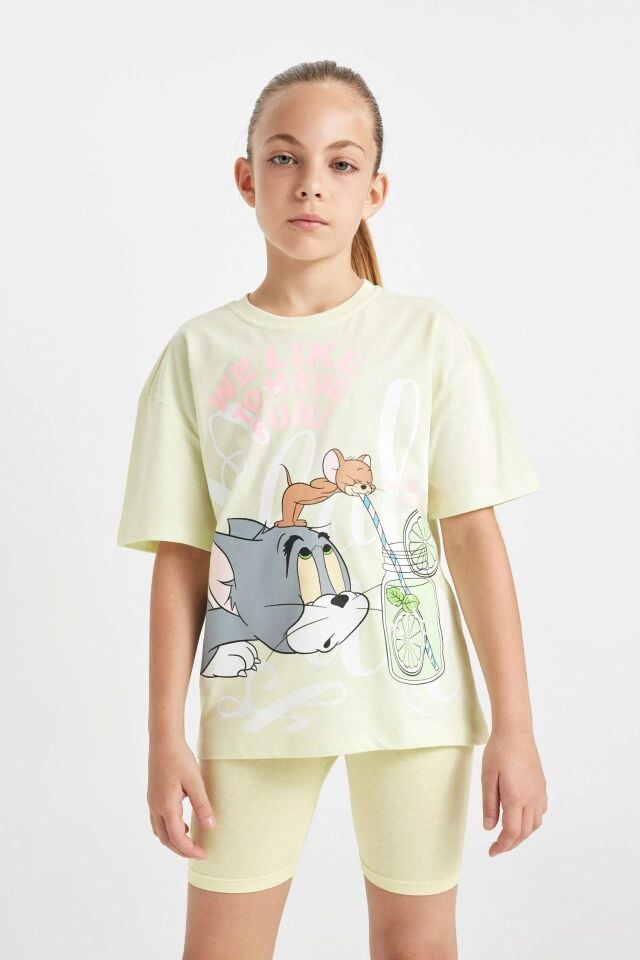 Kız Çocuk Tom & Jerry Relax Fit Bisiklet Yaka Kısa Kollu Tişört