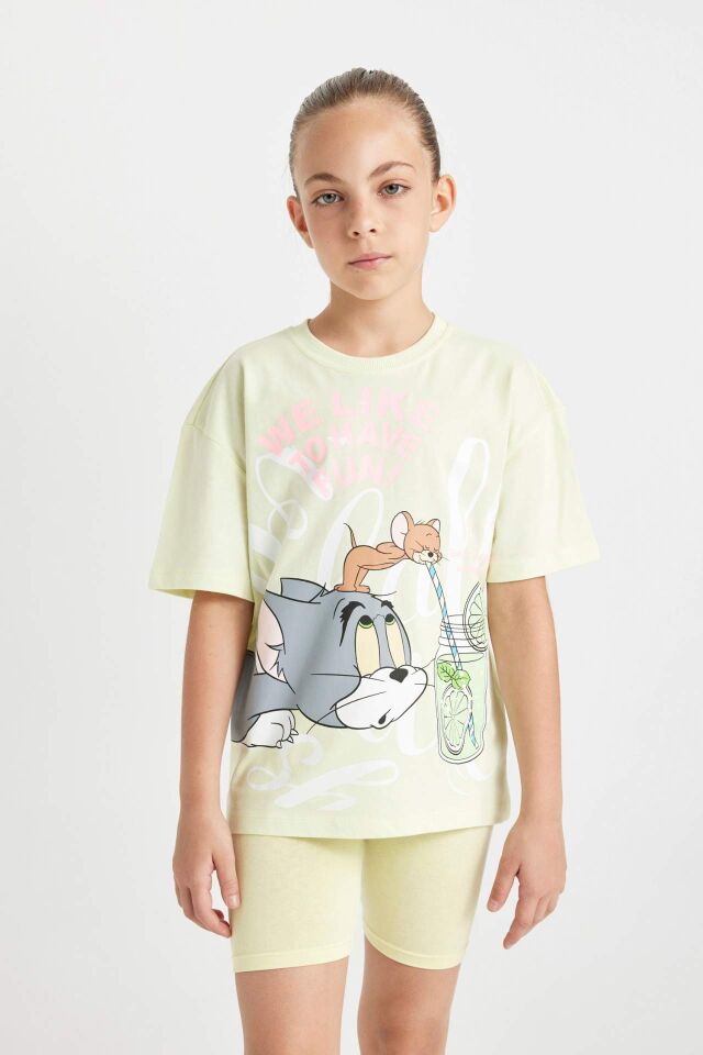 Kız Çocuk Tom & Jerry Relax Fit Bisiklet Yaka Kısa Kollu Tişört