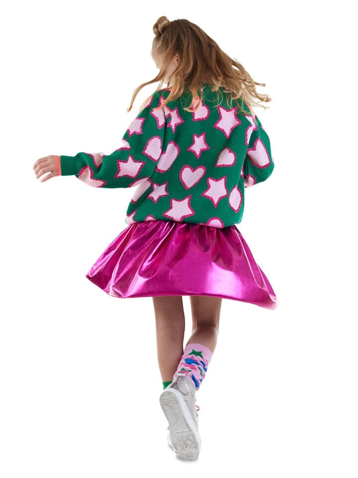 Yıldızlı Kalp Kız Çocuk Yeşil Triko Kazak
