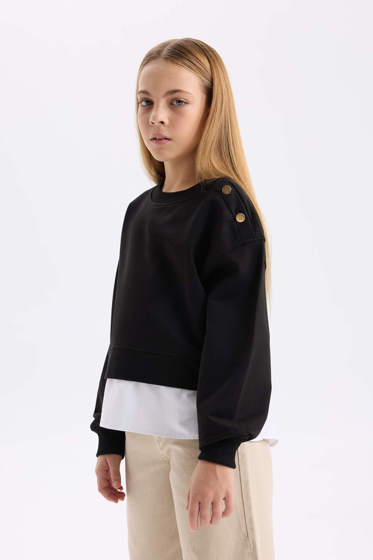 Kız Çocuk Relax Fit Bisiklet Yaka Etek Ucu Detaylı Sweatshirt